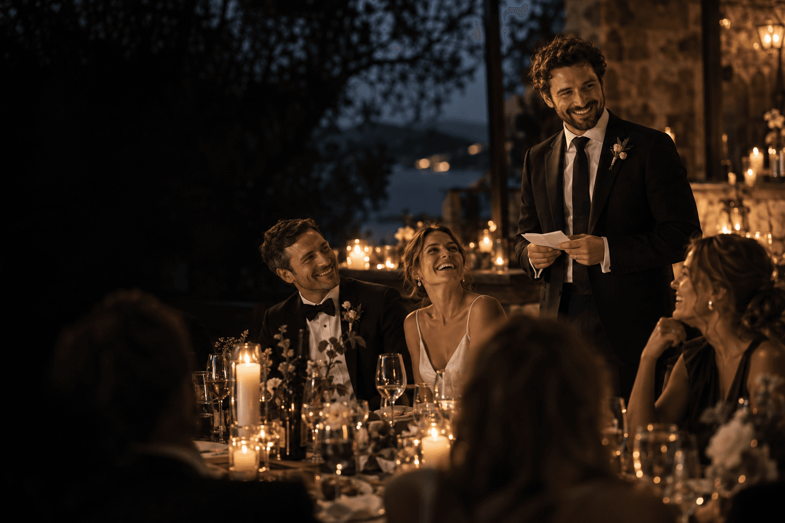 A wedding guest sharing a speech with friends at a candlelit reception